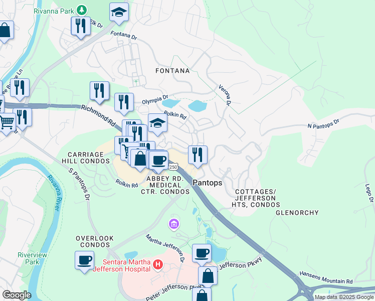 map of restaurants, bars, coffee shops, grocery stores, and more near 355 Rolkin Road in Charlottesville