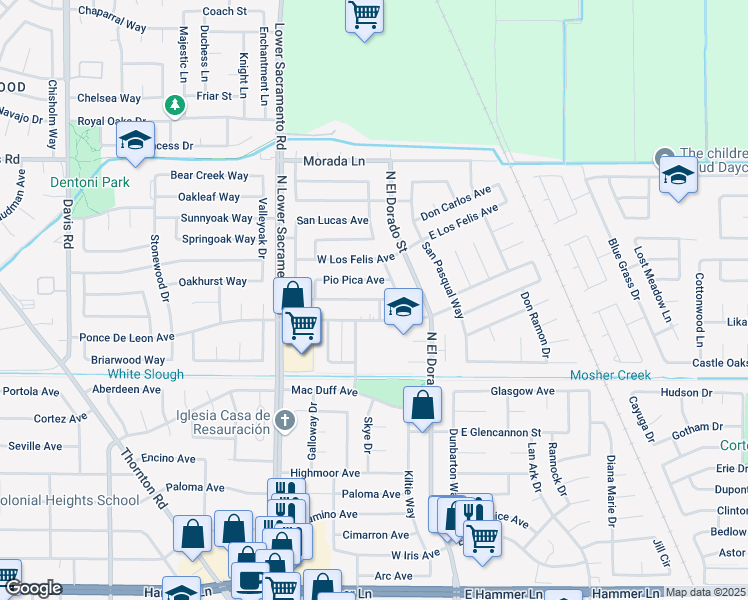 map of restaurants, bars, coffee shops, grocery stores, and more near 704 San Miguel Avenue in Stockton