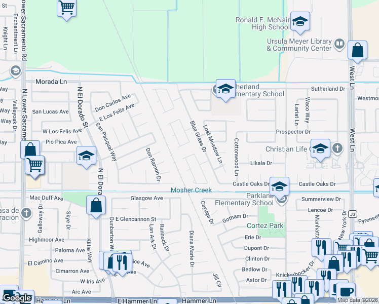 map of restaurants, bars, coffee shops, grocery stores, and more near 8909 Blue Grass Drive in Stockton