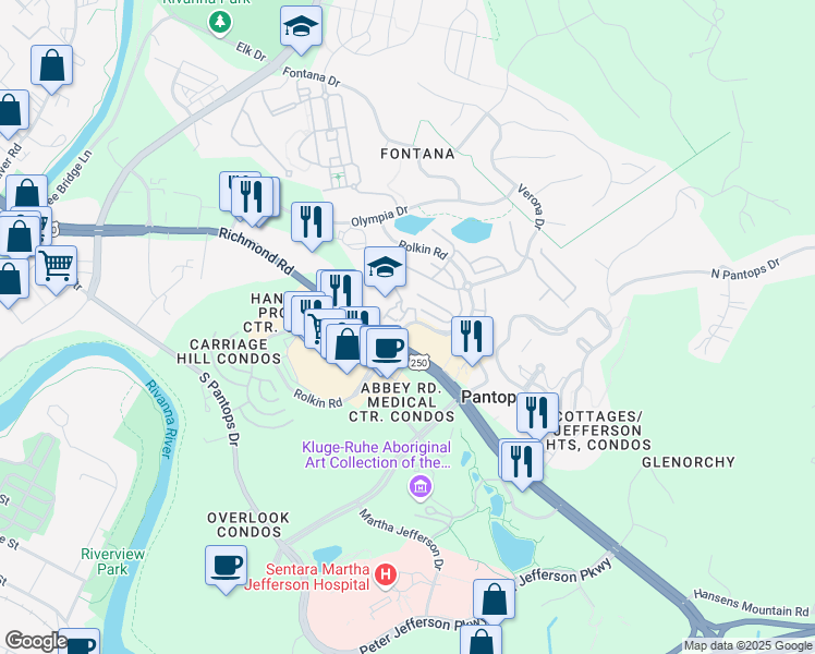map of restaurants, bars, coffee shops, grocery stores, and more near 321 Rolkin Road in Charlottesville