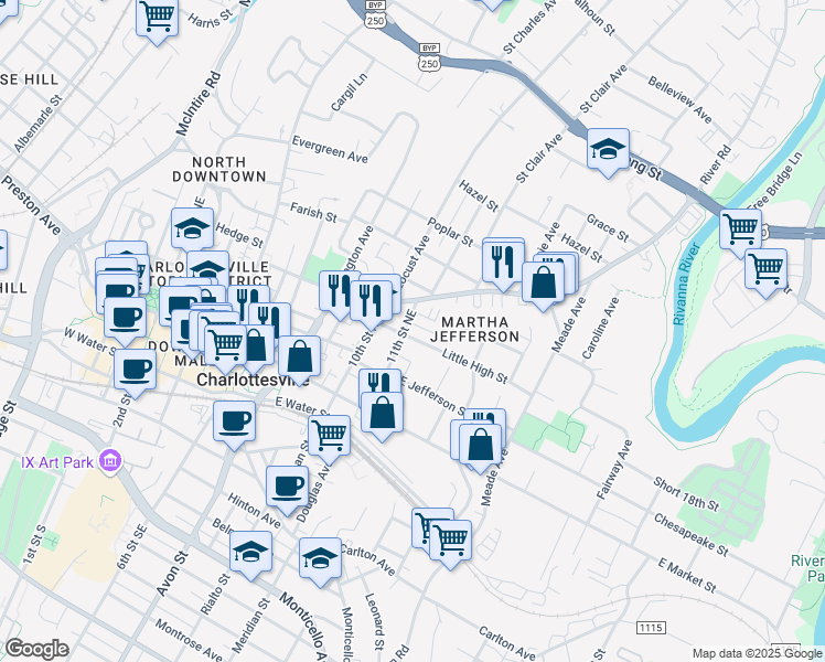 map of restaurants, bars, coffee shops, grocery stores, and more near 1013 Little High Street in Charlottesville