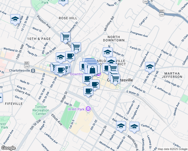 map of restaurants, bars, coffee shops, grocery stores, and more near 100 West Main Street in Charlottesville