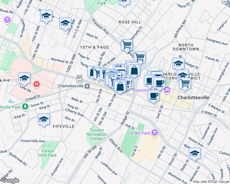 map of restaurants, bars, coffee shops, grocery stores, and more near in Charlottesville