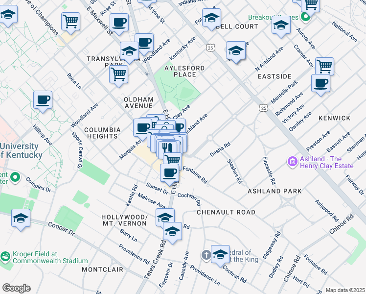 map of restaurants, bars, coffee shops, grocery stores, and more near 290 South Ashland Avenue in Lexington