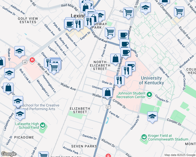 map of restaurants, bars, coffee shops, grocery stores, and more near 207 State Street in Lexington