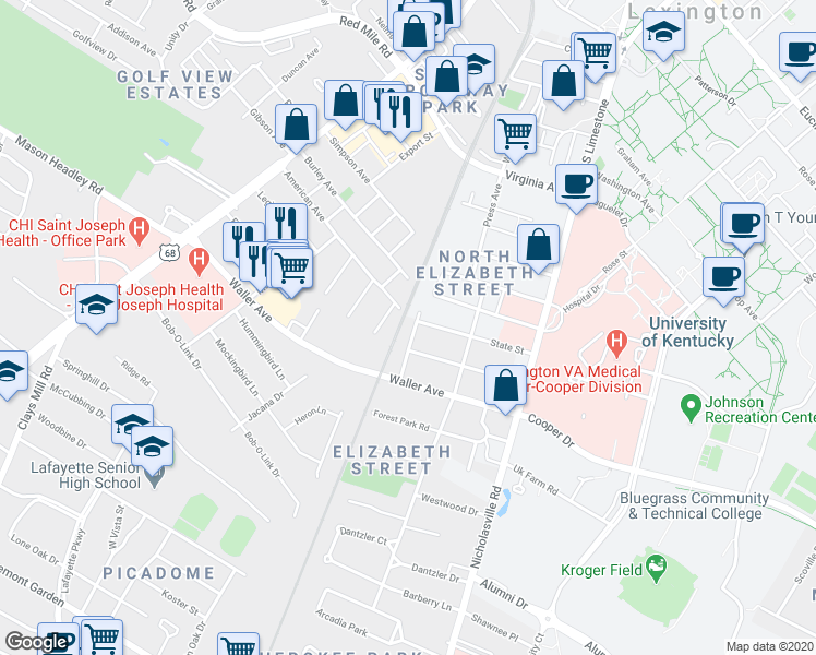 map of restaurants, bars, coffee shops, grocery stores, and more near 223 State Street in Lexington