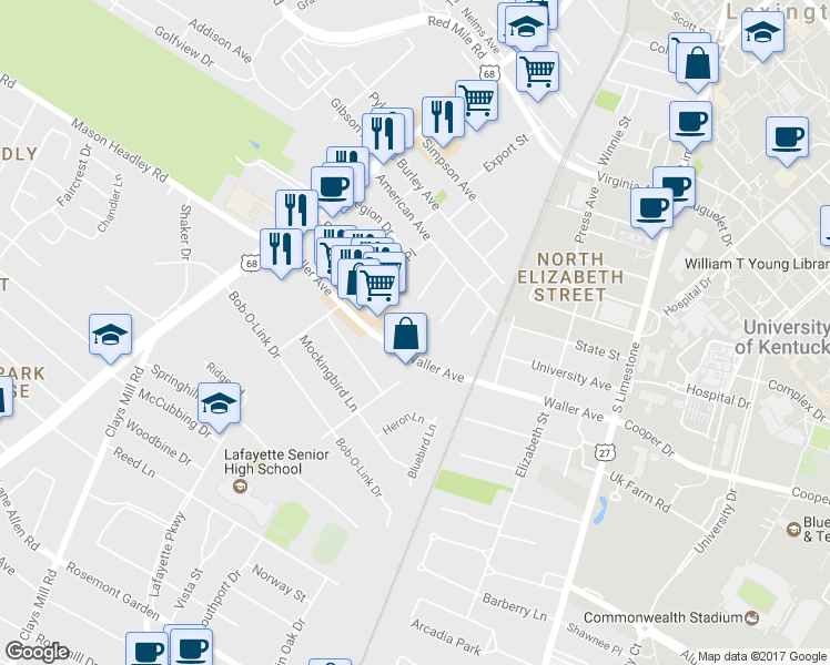 map of restaurants, bars, coffee shops, grocery stores, and more near 1349 Royalty Court in Lexington