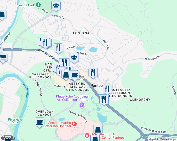 map of restaurants, bars, coffee shops, grocery stores, and more near 357 Rolkin Road in Charlottesville
