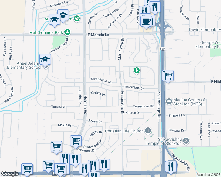 map of restaurants, bars, coffee shops, grocery stores, and more near 8921 Bergamo Circle in Stockton
