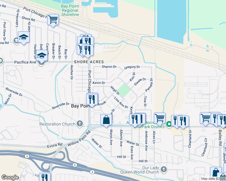 map of restaurants, bars, coffee shops, grocery stores, and more near 513 Virgil Street in Bay Point