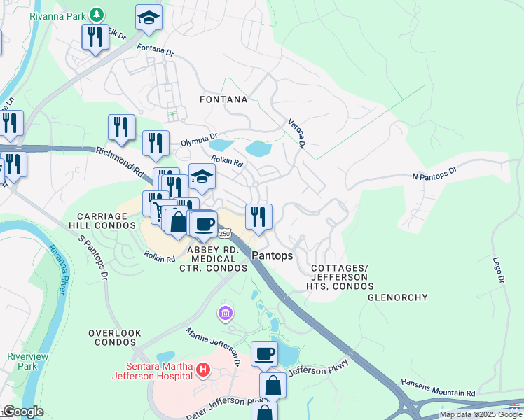 map of restaurants, bars, coffee shops, grocery stores, and more near 2129 Saranac Court in Charlottesville