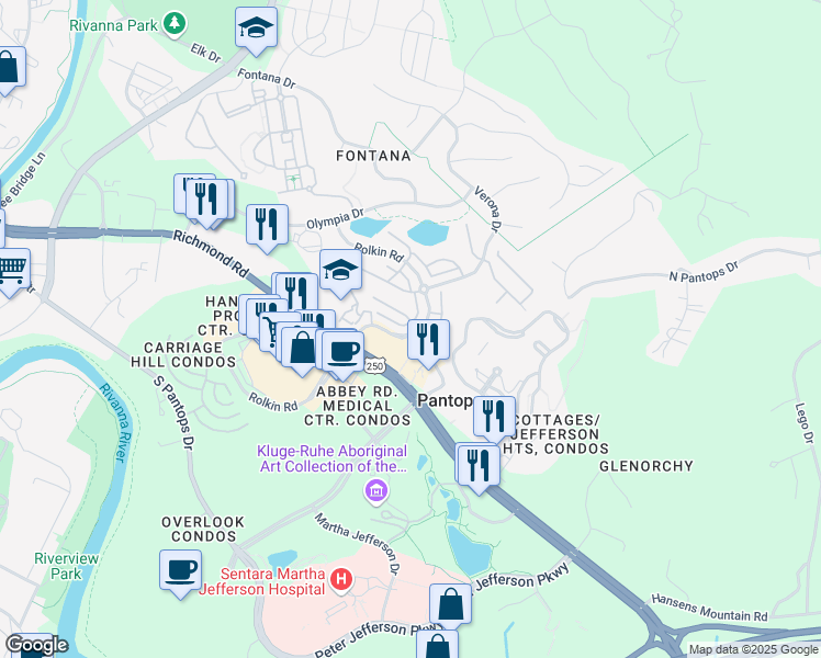 map of restaurants, bars, coffee shops, grocery stores, and more near 359 Rolkin Road in Charlottesville