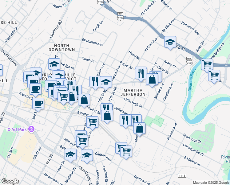 map of restaurants, bars, coffee shops, grocery stores, and more near 1101 Little High Street in Charlottesville