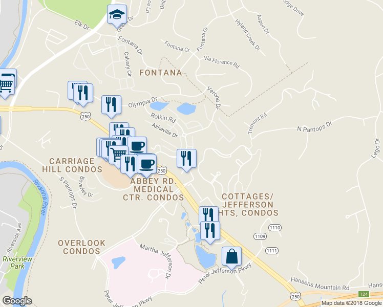 map of restaurants, bars, coffee shops, grocery stores, and more near 2129 Saranac Court in Charlottesville