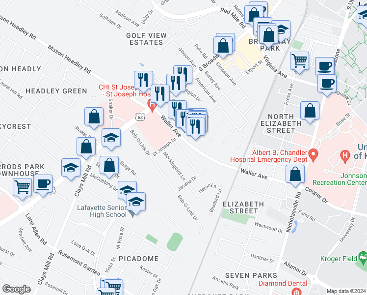 map of restaurants, bars, coffee shops, grocery stores, and more near 349 Hummingbird Lane in Lexington