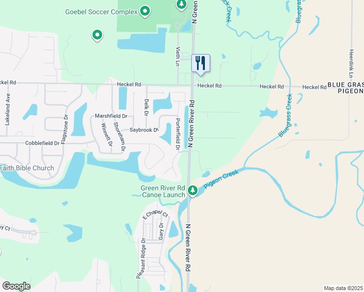 map of restaurants, bars, coffee shops, grocery stores, and more near 5868-5998 North Green River Road in Evansville