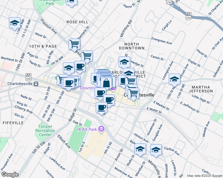 map of restaurants, bars, coffee shops, grocery stores, and more near 100 West Main Street in Charlottesville