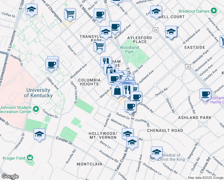 map of restaurants, bars, coffee shops, grocery stores, and more near 408 Marquis Avenue in Lexington