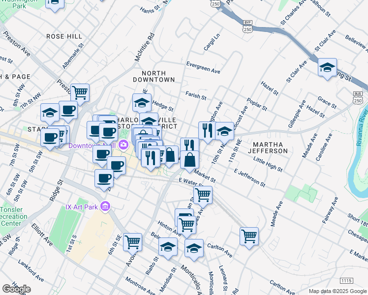 map of restaurants, bars, coffee shops, grocery stores, and more near 802 East Jefferson Street in Charlottesville