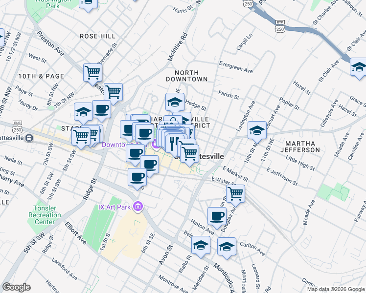 map of restaurants, bars, coffee shops, grocery stores, and more near 401 East Market Street in Charlottesville