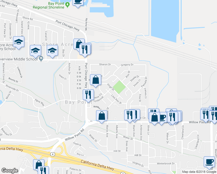 map of restaurants, bars, coffee shops, grocery stores, and more near 513 Virgil Street in Bay Point