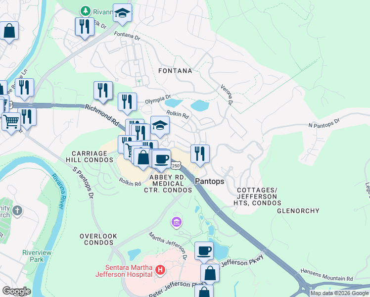 map of restaurants, bars, coffee shops, grocery stores, and more near 359 Rolkin Road in Charlottesville
