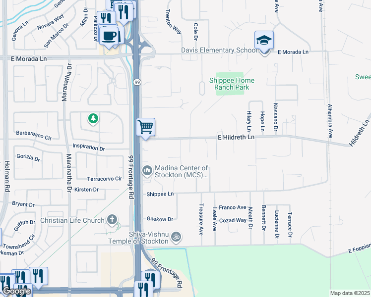 map of restaurants, bars, coffee shops, grocery stores, and more near 4732 East Hildreth Lane in Stockton