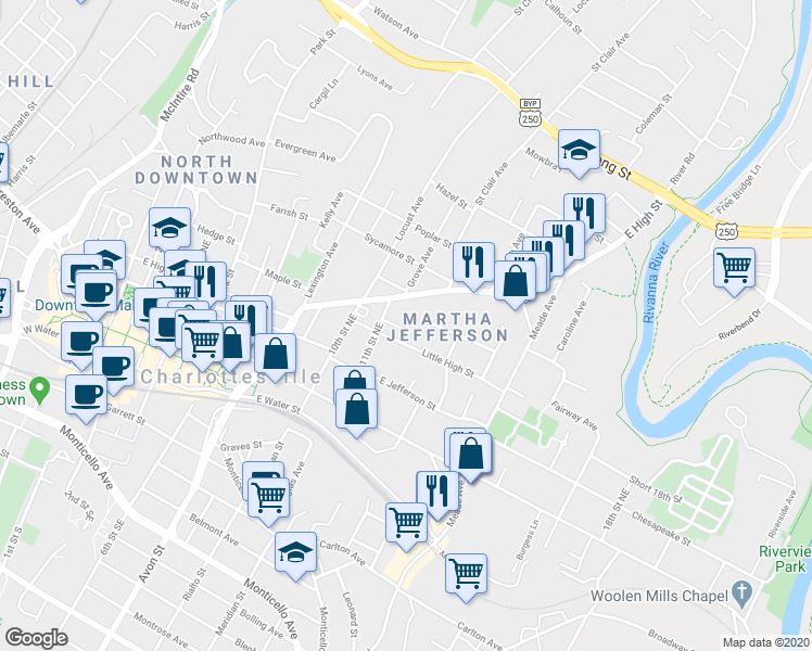 map of restaurants, bars, coffee shops, grocery stores, and more near 1111-13 Little High Street in Charlottesville