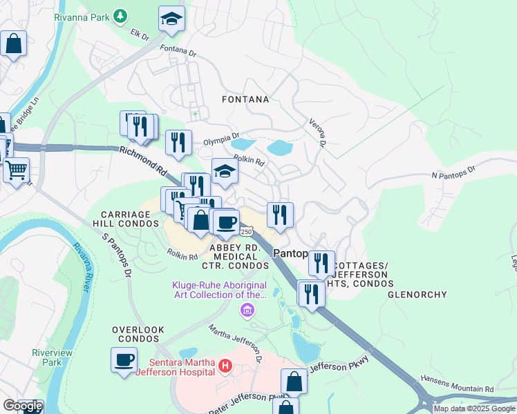 map of restaurants, bars, coffee shops, grocery stores, and more near 341 Rolkin Road in Charlottesville