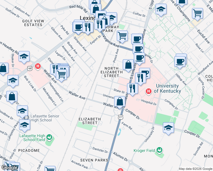 map of restaurants, bars, coffee shops, grocery stores, and more near 207 State Street in Lexington