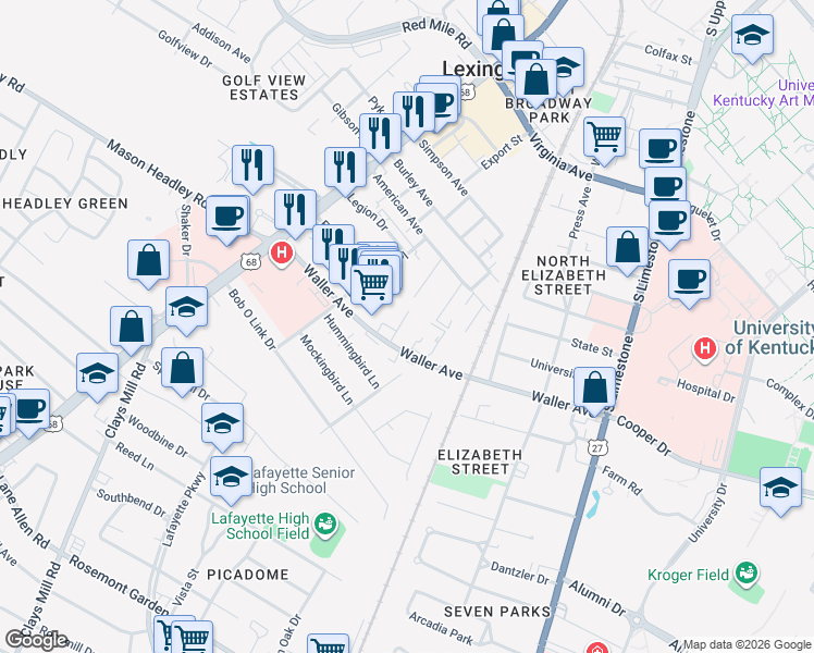 map of restaurants, bars, coffee shops, grocery stores, and more near 1352 Royalty Court in Lexington