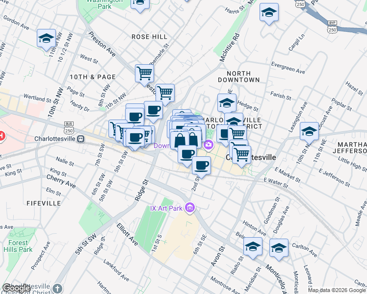 map of restaurants, bars, coffee shops, grocery stores, and more near 218-220 East Main Street in Charlottesville