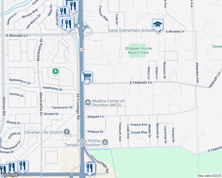 map of restaurants, bars, coffee shops, grocery stores, and more near 4732 East Hildreth Lane in Stockton