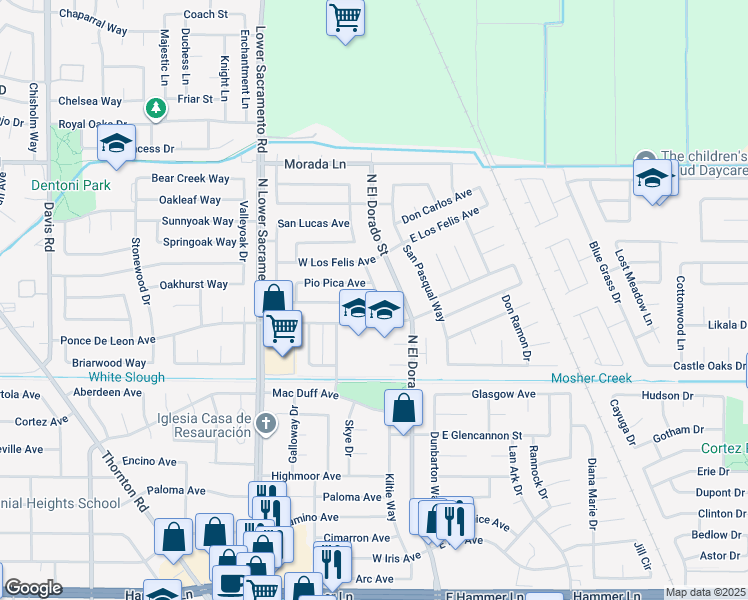 map of restaurants, bars, coffee shops, grocery stores, and more near 629 San Miguel Avenue in Stockton