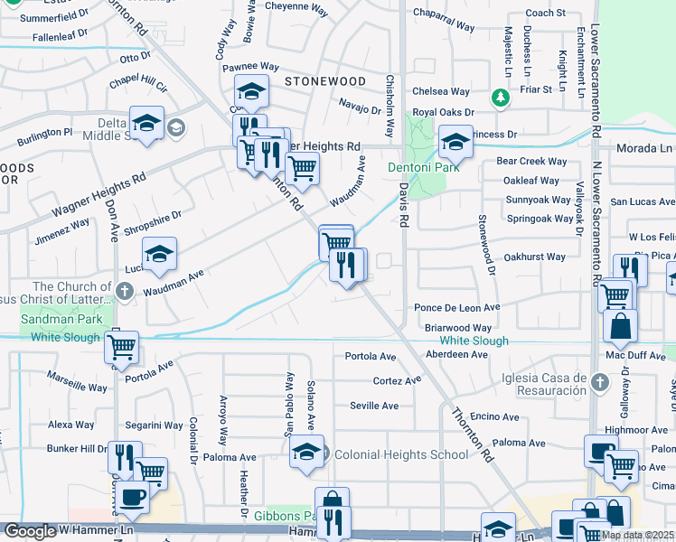 map of restaurants, bars, coffee shops, grocery stores, and more near 8909 Thornton Road in Stockton