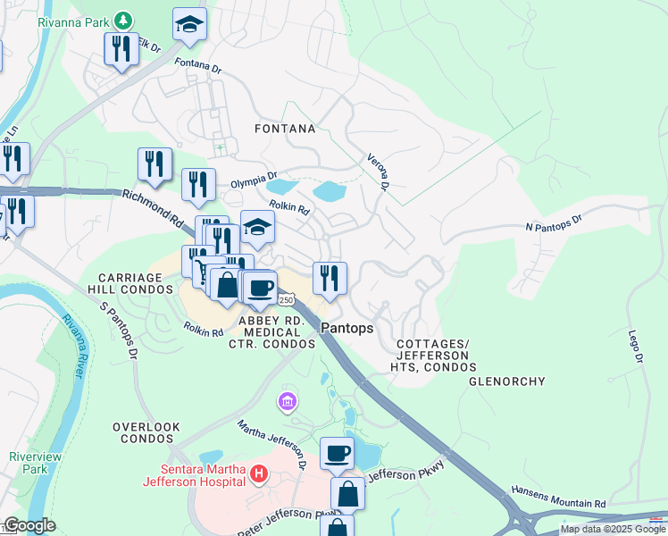 map of restaurants, bars, coffee shops, grocery stores, and more near Saranac Court in Charlottesville