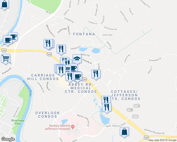 map of restaurants, bars, coffee shops, grocery stores, and more near 359 Rolkin Road in Charlottesville