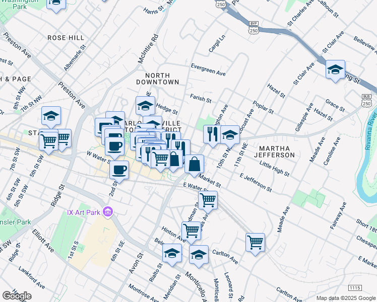 map of restaurants, bars, coffee shops, grocery stores, and more near 801 East Jefferson Street in Charlottesville