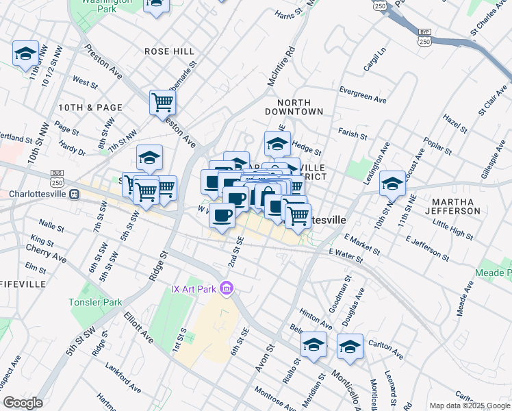 map of restaurants, bars, coffee shops, grocery stores, and more near 206 East Market Street in Charlottesville