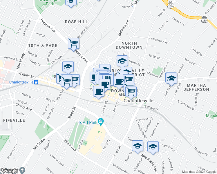 map of restaurants, bars, coffee shops, grocery stores, and more near 100 West Main Street in Charlottesville