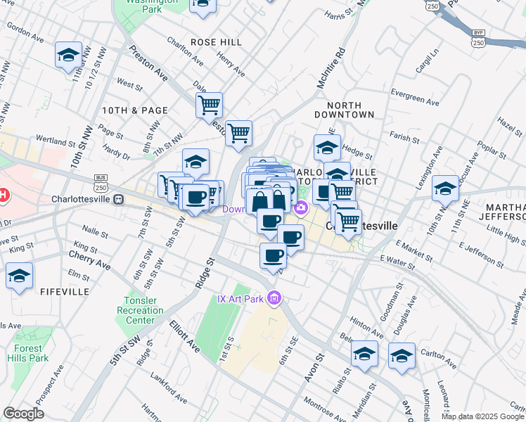 map of restaurants, bars, coffee shops, grocery stores, and more near 218-220 East Main Street in Charlottesville