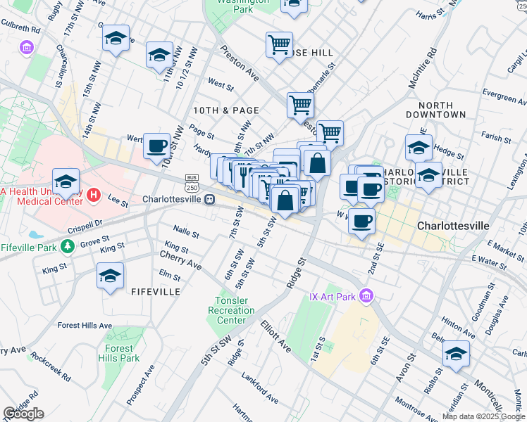 map of restaurants, bars, coffee shops, grocery stores, and more near 616 U.S. 250 Business in Charlottesville