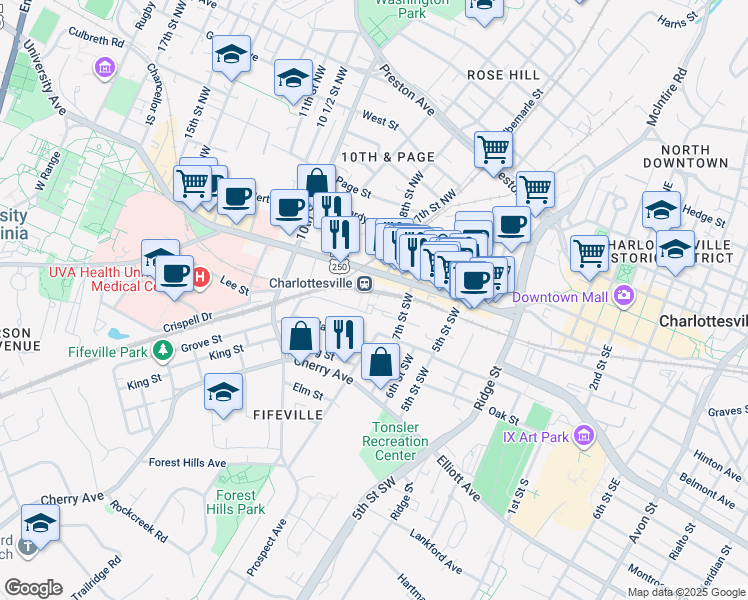 map of restaurants, bars, coffee shops, grocery stores, and more near 765 Walker Square in Charlottesville