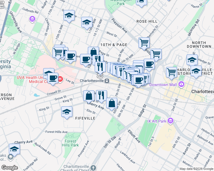 map of restaurants, bars, coffee shops, grocery stores, and more near 765 Walker Square in Charlottesville