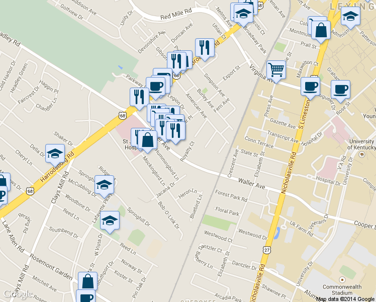 map of restaurants, bars, coffee shops, grocery stores, and more near 1349 Royalty Court in Lexington