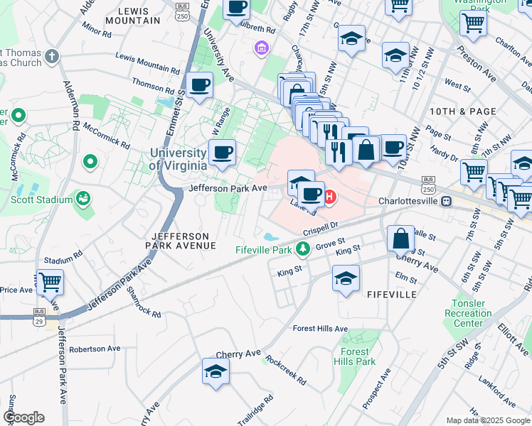 map of restaurants, bars, coffee shops, grocery stores, and more near 416-428 Monroe Lane in Charlottesville