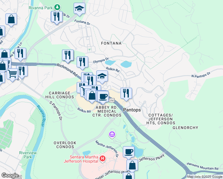 map of restaurants, bars, coffee shops, grocery stores, and more near 310 Rolkin Road in Charlottesville