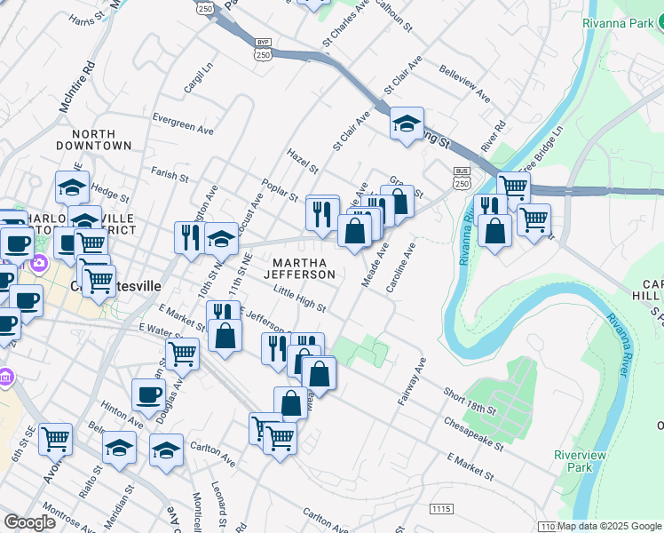 map of restaurants, bars, coffee shops, grocery stores, and more near 511 13th Street Northeast in Charlottesville