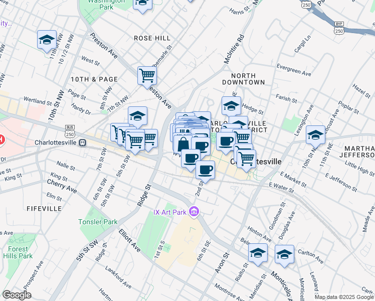 map of restaurants, bars, coffee shops, grocery stores, and more near 218-220 East Main Street in Charlottesville