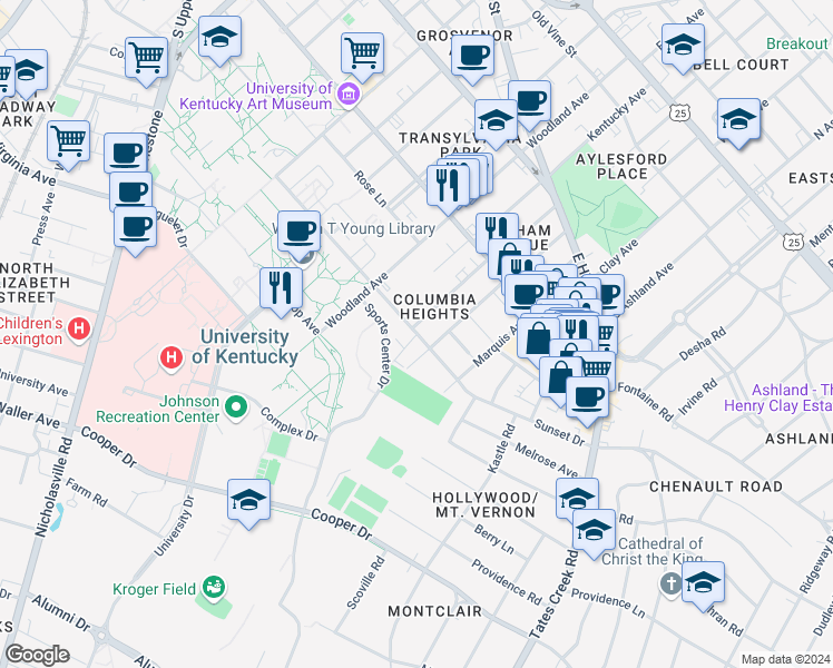 map of restaurants, bars, coffee shops, grocery stores, and more near 353 Oldham Court in Lexington